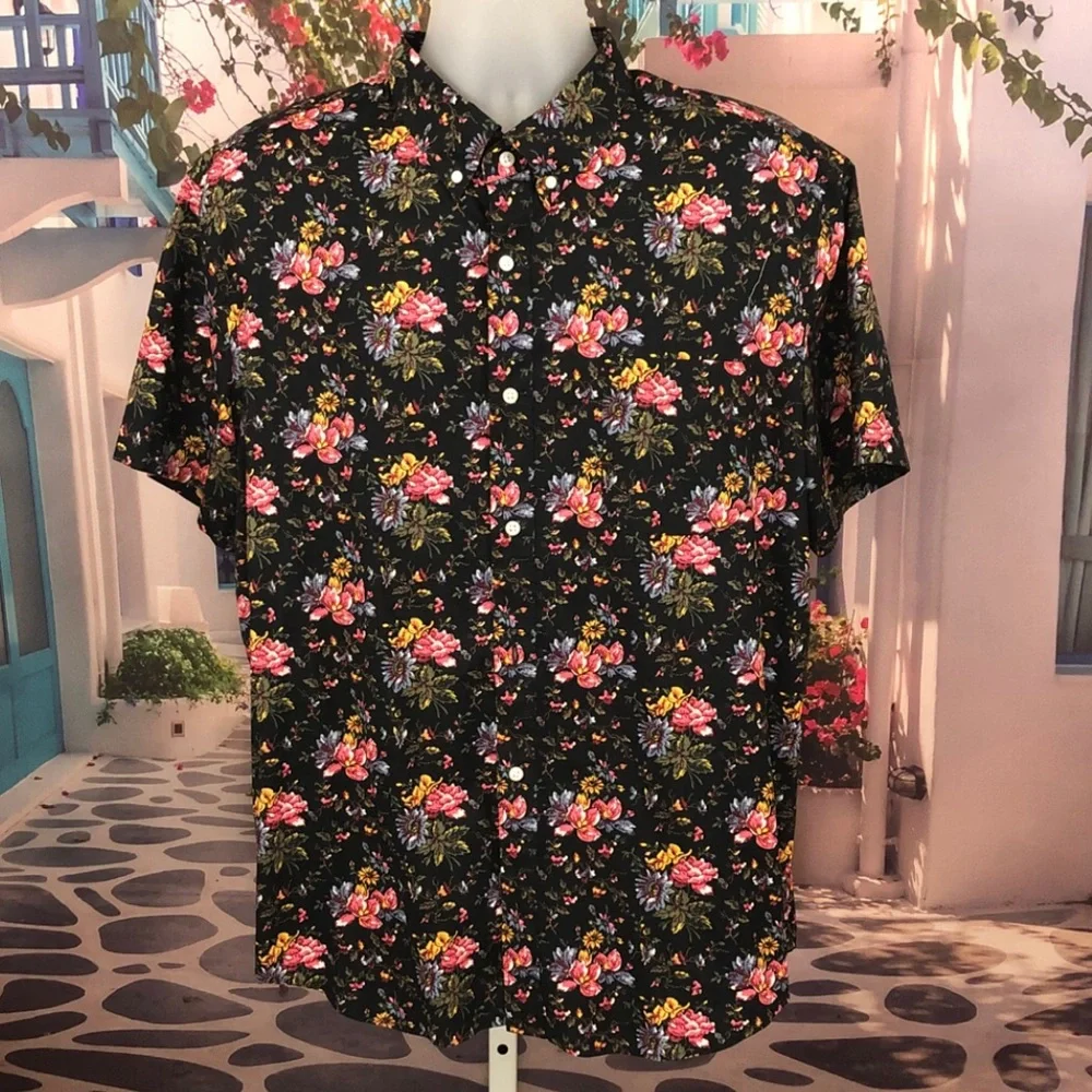 J. Crew Black Floral Short Sleeve Button Down Shirt